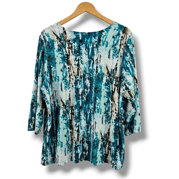 JM Collection Woman 2X Top Turquoise Abstract Print 3/4 Sleeve Stretch Fall Work - Picture 2 of 8